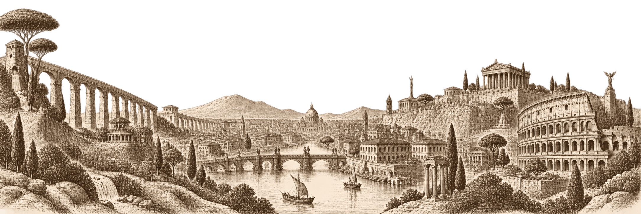 An engraved panorama of ancient Rome — aqueduct, Colosseum, a temple, and a bridge over the Tiber